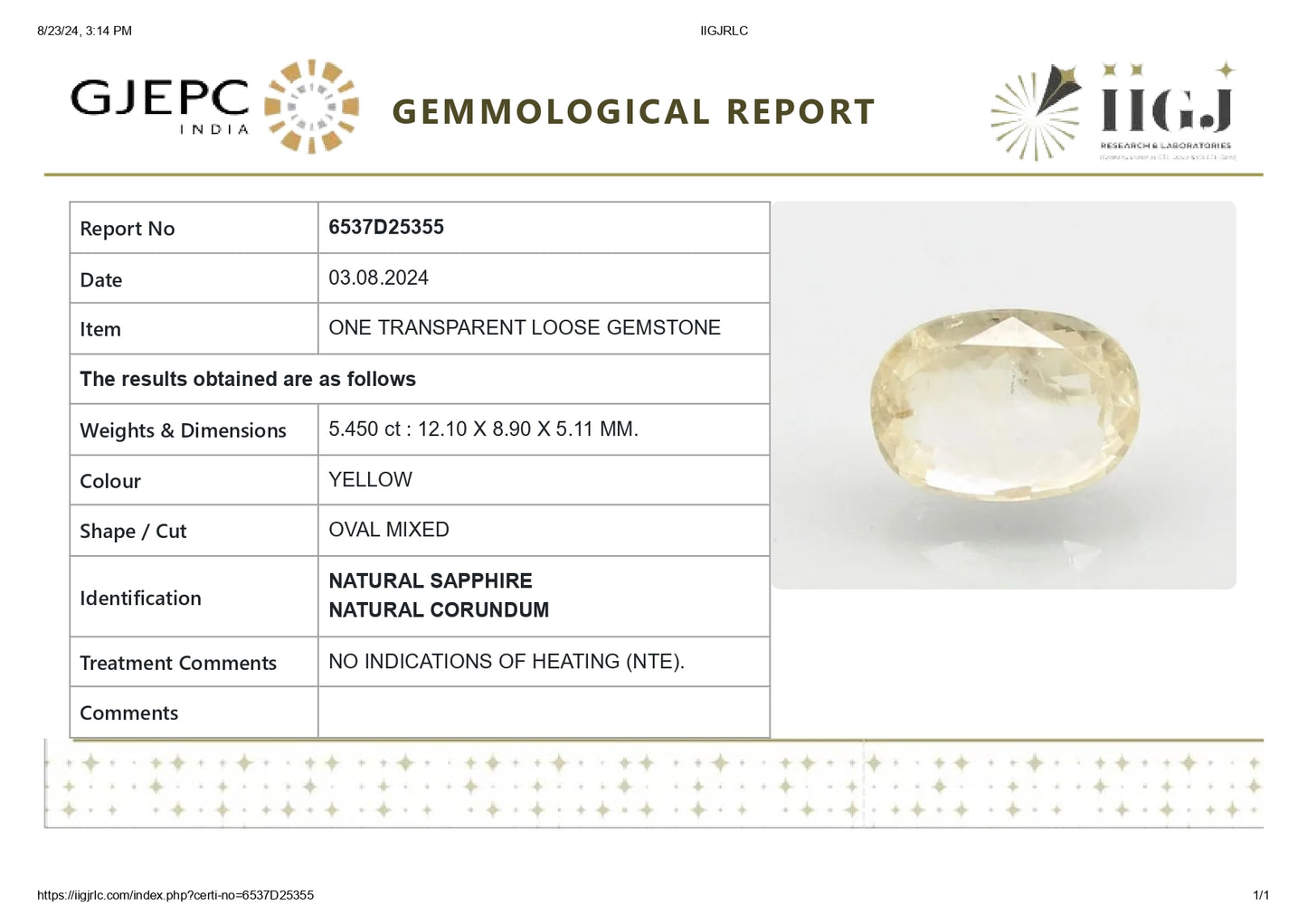 Natural Yellow Sapphire (Pukhraj) 5.45 Carats