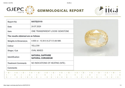 Natural Yellow Sapphire (Pukhraj) 4.90 Carats