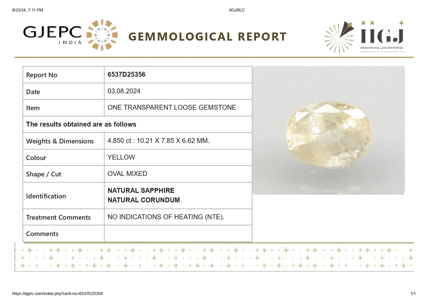Natural Yellow Sapphire (Pukhraj) 4.85 Carats