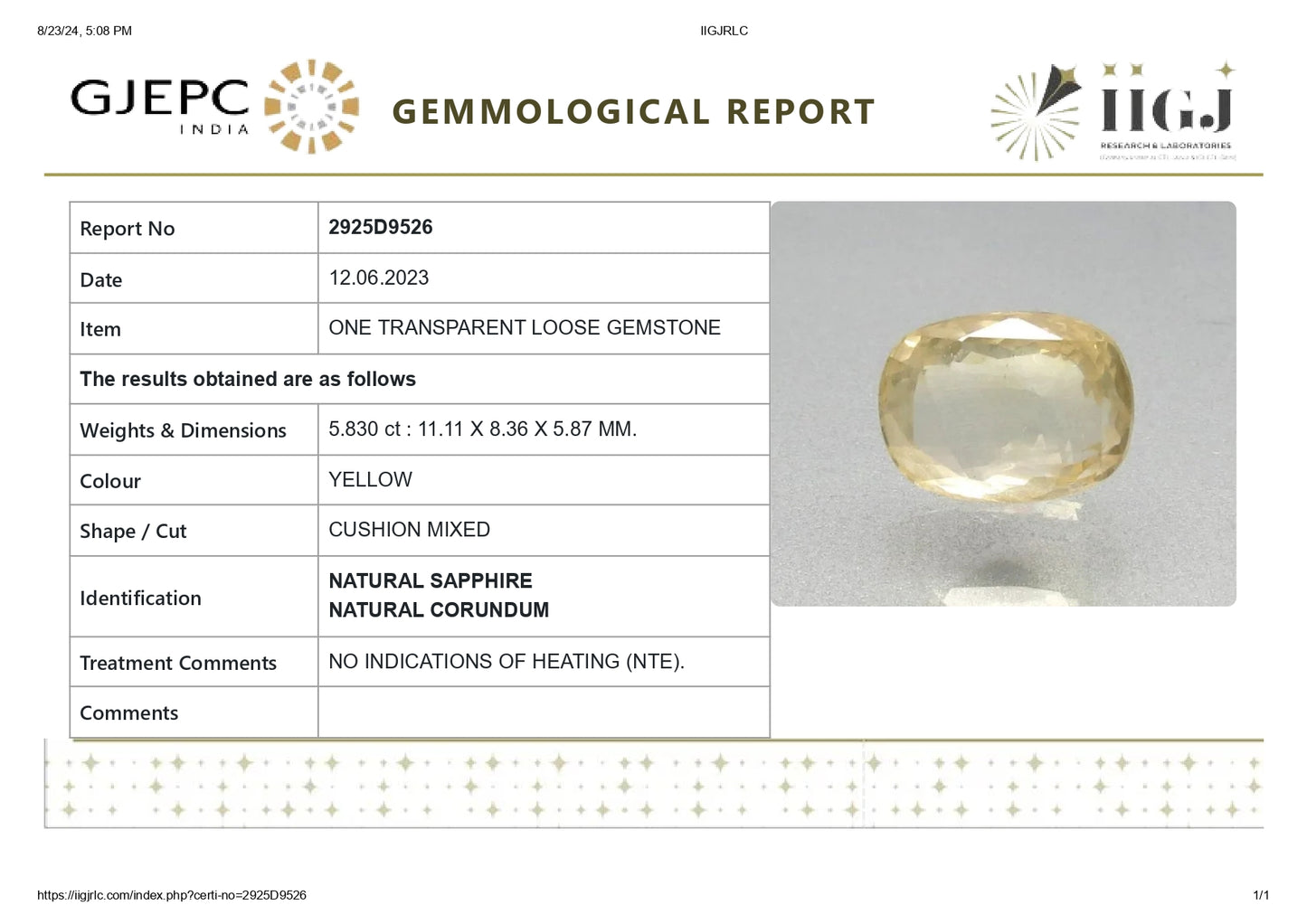 Natural Yellow Sapphire (Pukhraj) 5.83 Carats