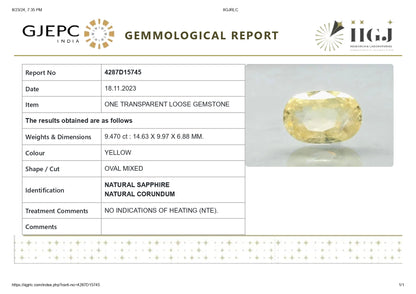 Natural Yellow Sapphire (Pukhraj) 9.47 Carats
