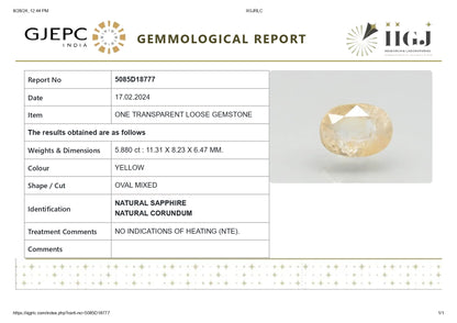 Natural Yellow Sapphire (Pukhraj) 5.88 Carats