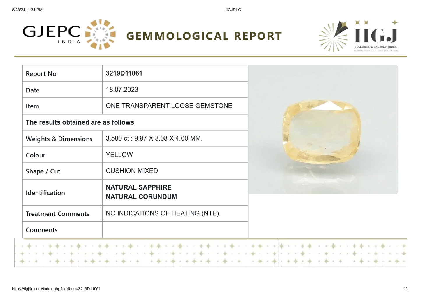 Natural Yellow Sapphire (Pukhraj) 3.58 Carats