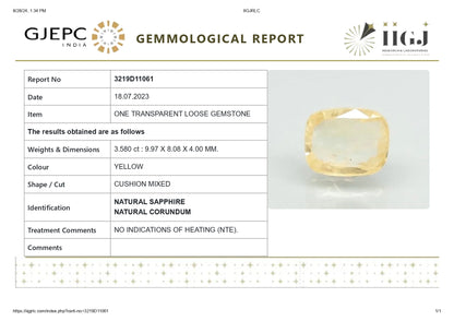 Natural Yellow Sapphire (Pukhraj) 3.58 Carats