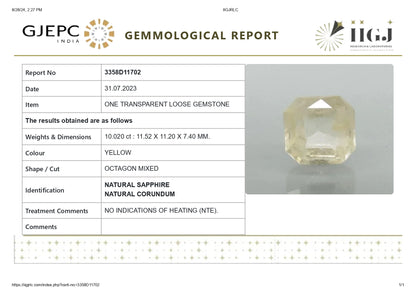 Natural Yellow Sapphire (Pukhraj) 10.02 Carats