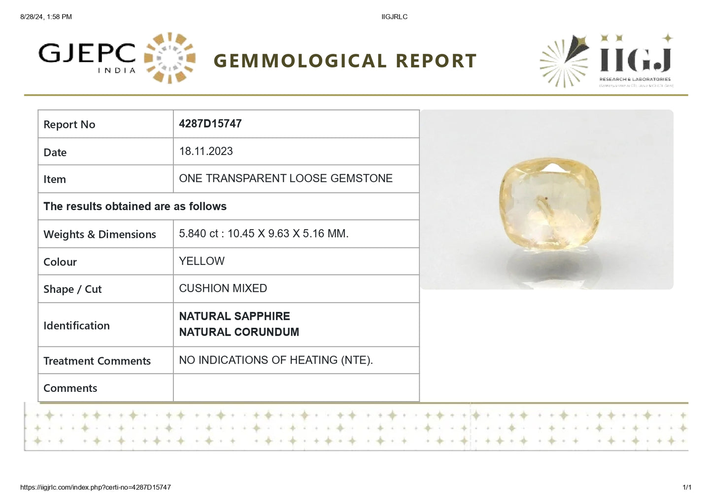 Natural Yellow Sapphire (Pukhraj) 5.84 Carats