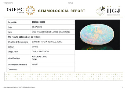 Natural Australian White Fire Opal 3.00 Carats