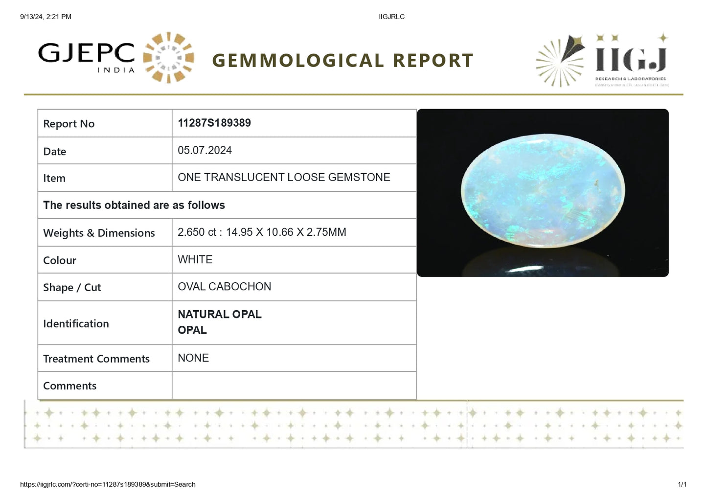 Natural Opal 2.65 Carats