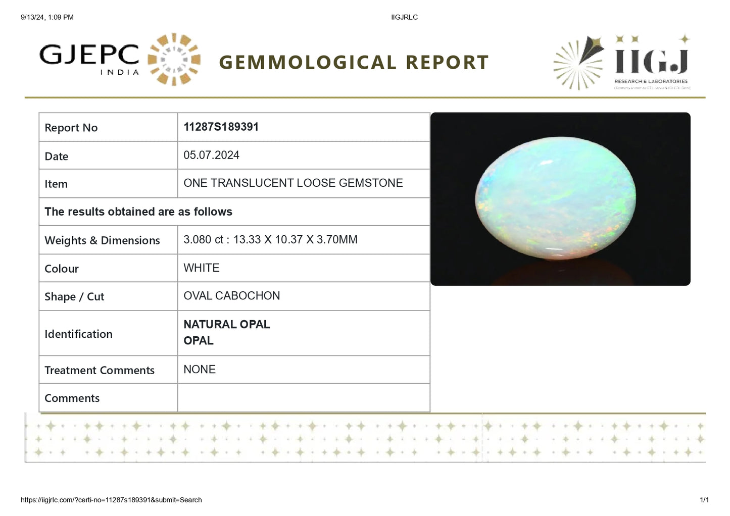 Natural Australian White Fire Opal 3.08 Carats