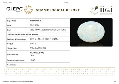 Natural Australian White Fire Opal 2.69 Carats