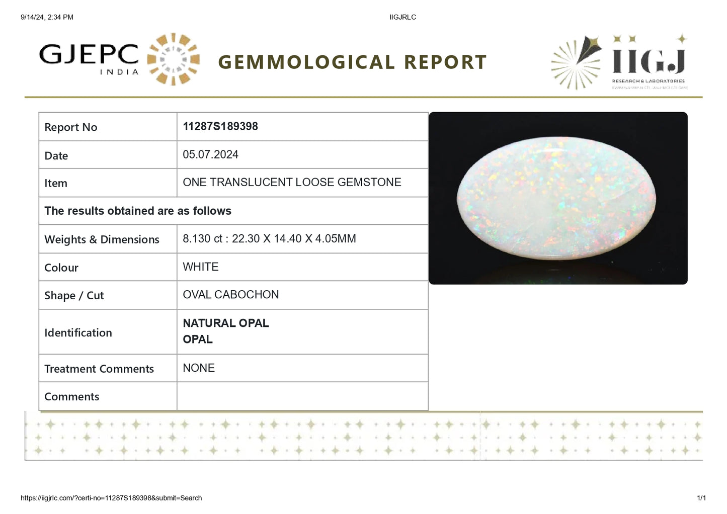 Natural Australian White Fire Opal 8.13 Carats