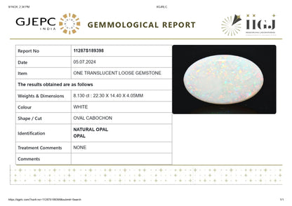 Natural Australian White Fire Opal 8.13 Carats