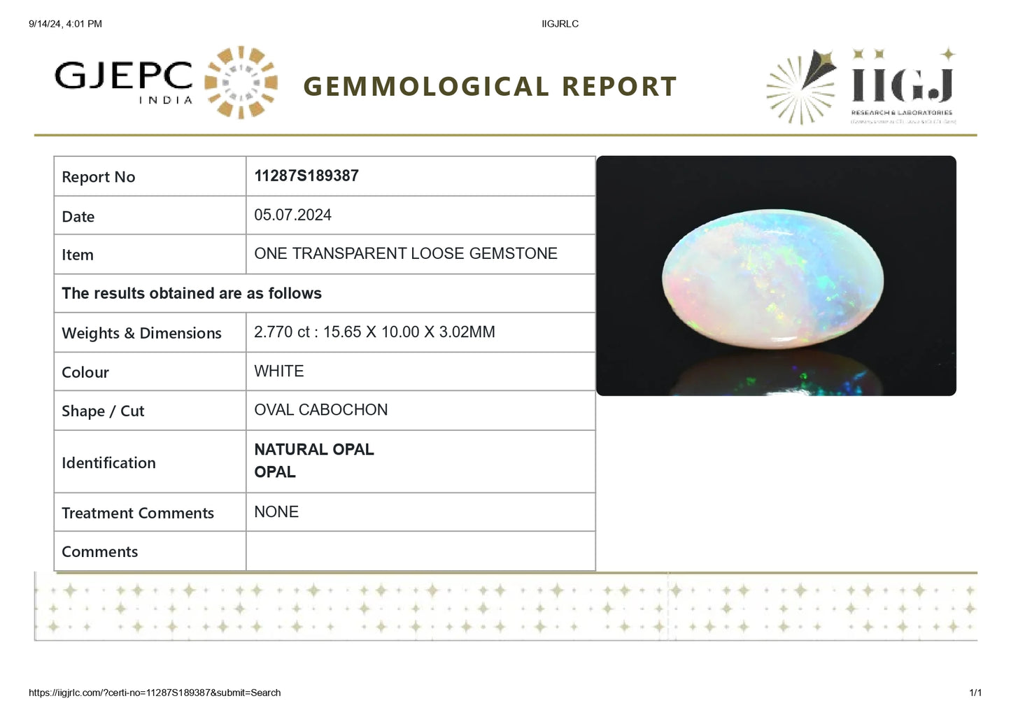 Natural Australian White Fire Opal 2.77 Carats