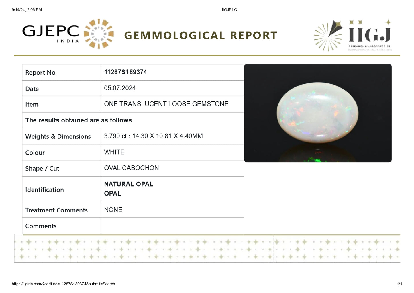 Natural Australian White Fire Opal 3.79 Carats