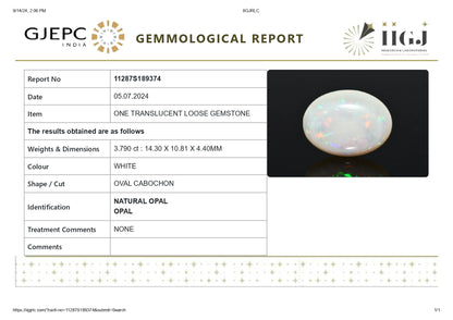 Natural Australian White Fire Opal 3.79 Carats
