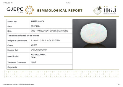 Natural Australian White Fire Opal 4.15 Carats