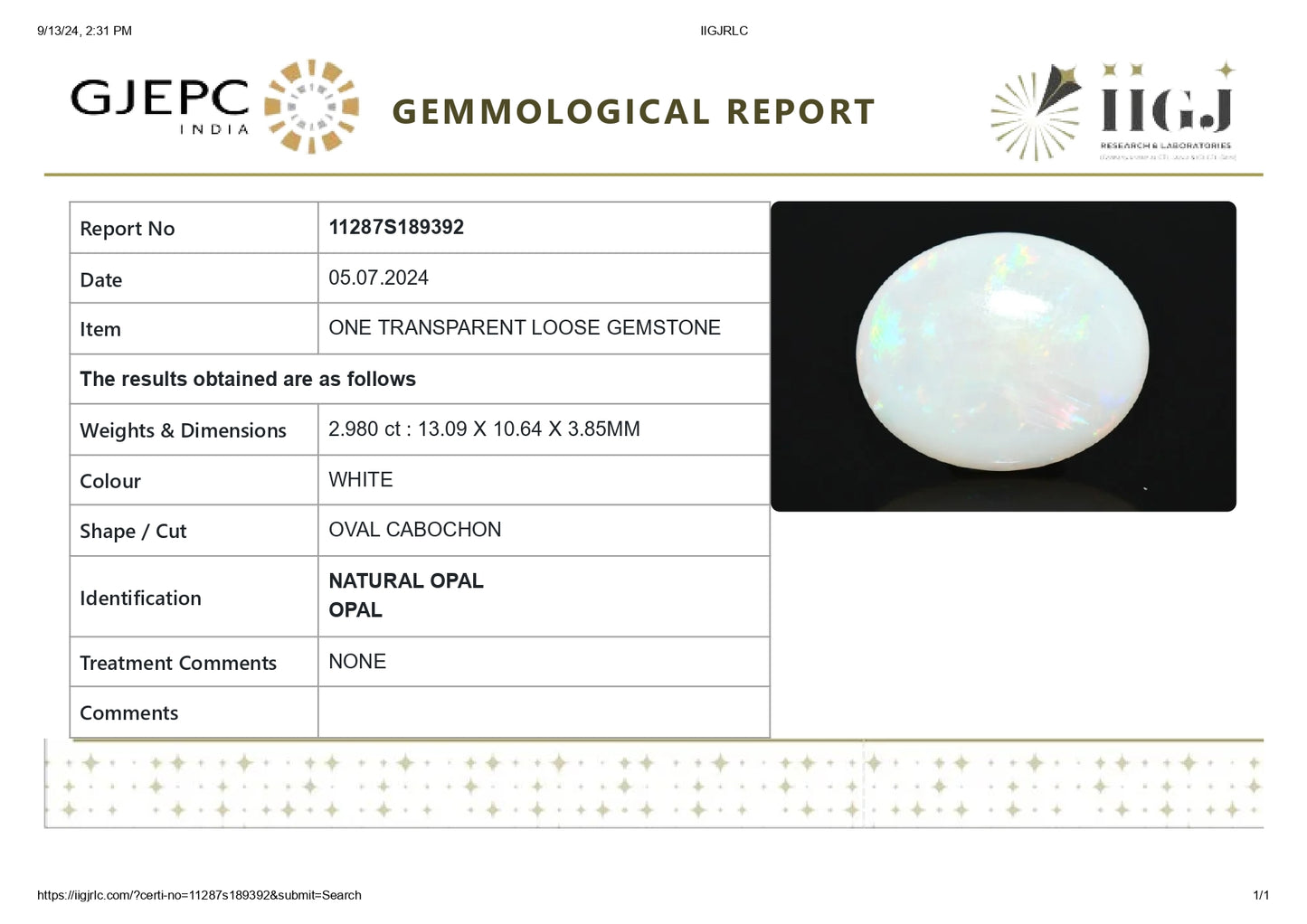 Natural Australian White Fire Opal 2.98 Carats