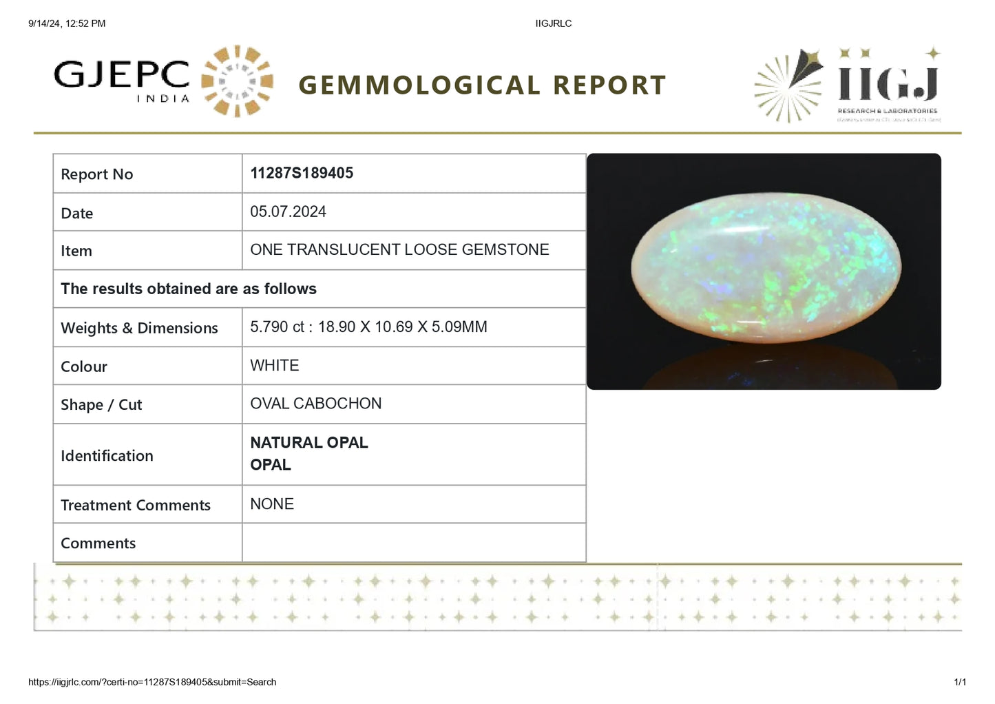Natural Australian White Fire Opal 5.79 Carats