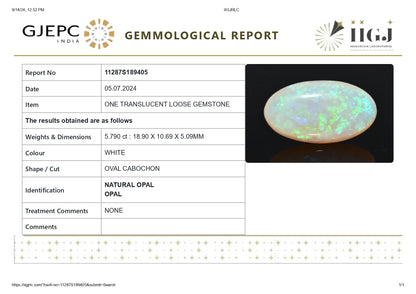 Natural Australian White Fire Opal 5.79 Carats