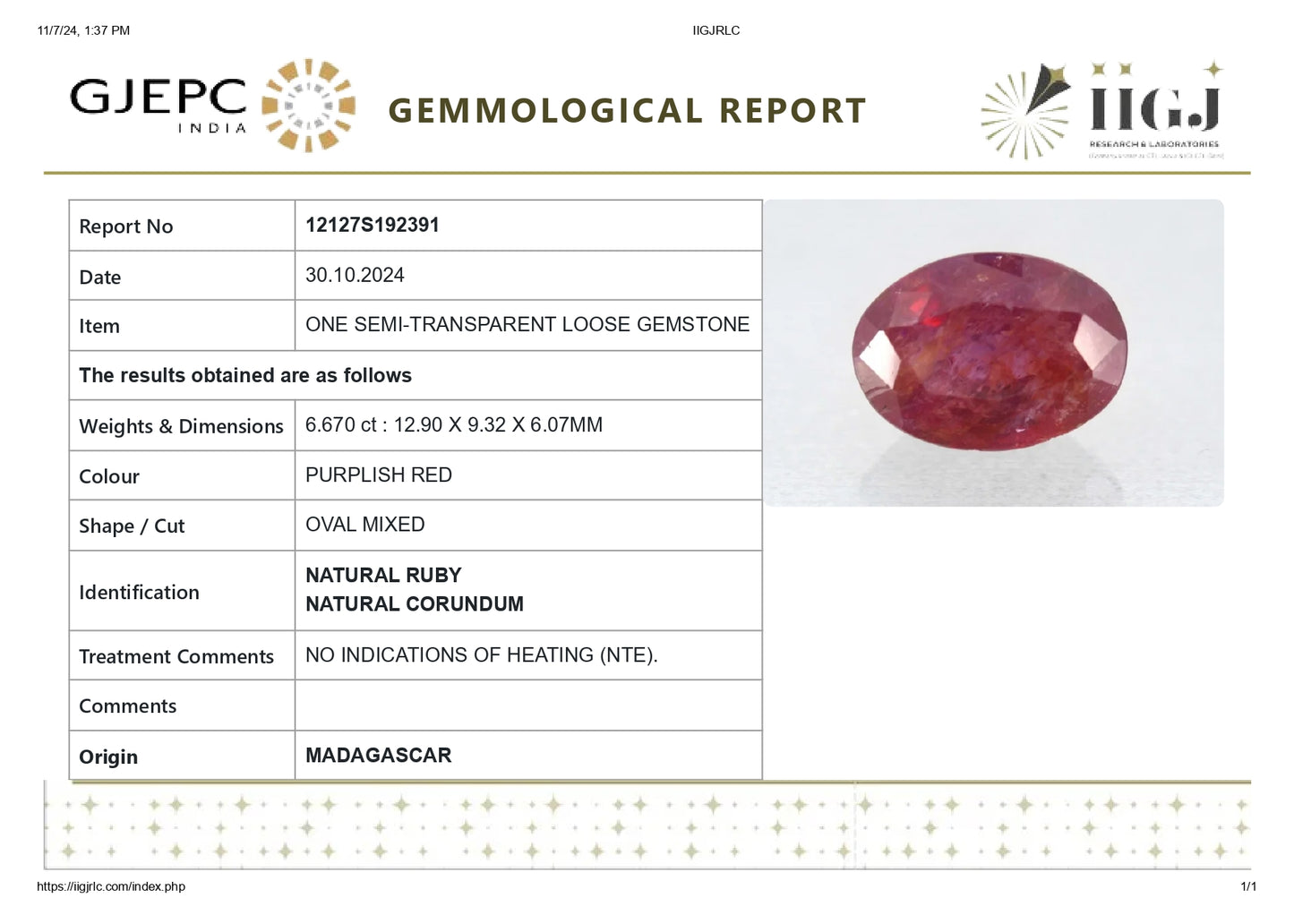 Natural Madagascar Ruby (Manik) 6.67 Carats