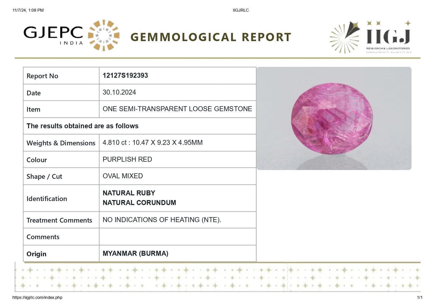 Burmese Ruby (Manik) 4.81 Carats