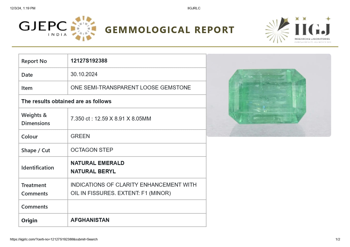 Minor Oil Natural Afganistan Emerald (Panna) 7.35 Carats