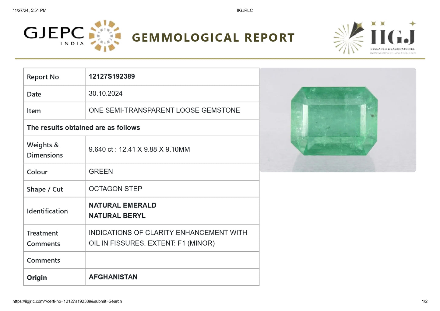 Minor Oil Natural Afganistan Emerald (Panna) 9.64 Carats