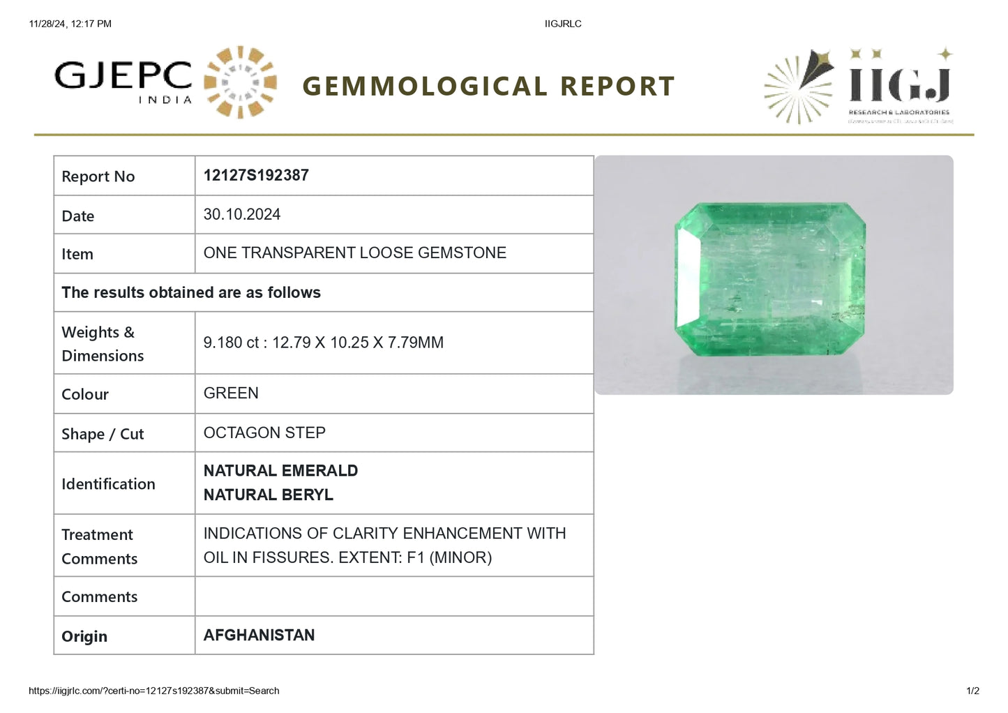 Minor Oil Natural Afganistan Emerald (Panna) 9.18 Carats