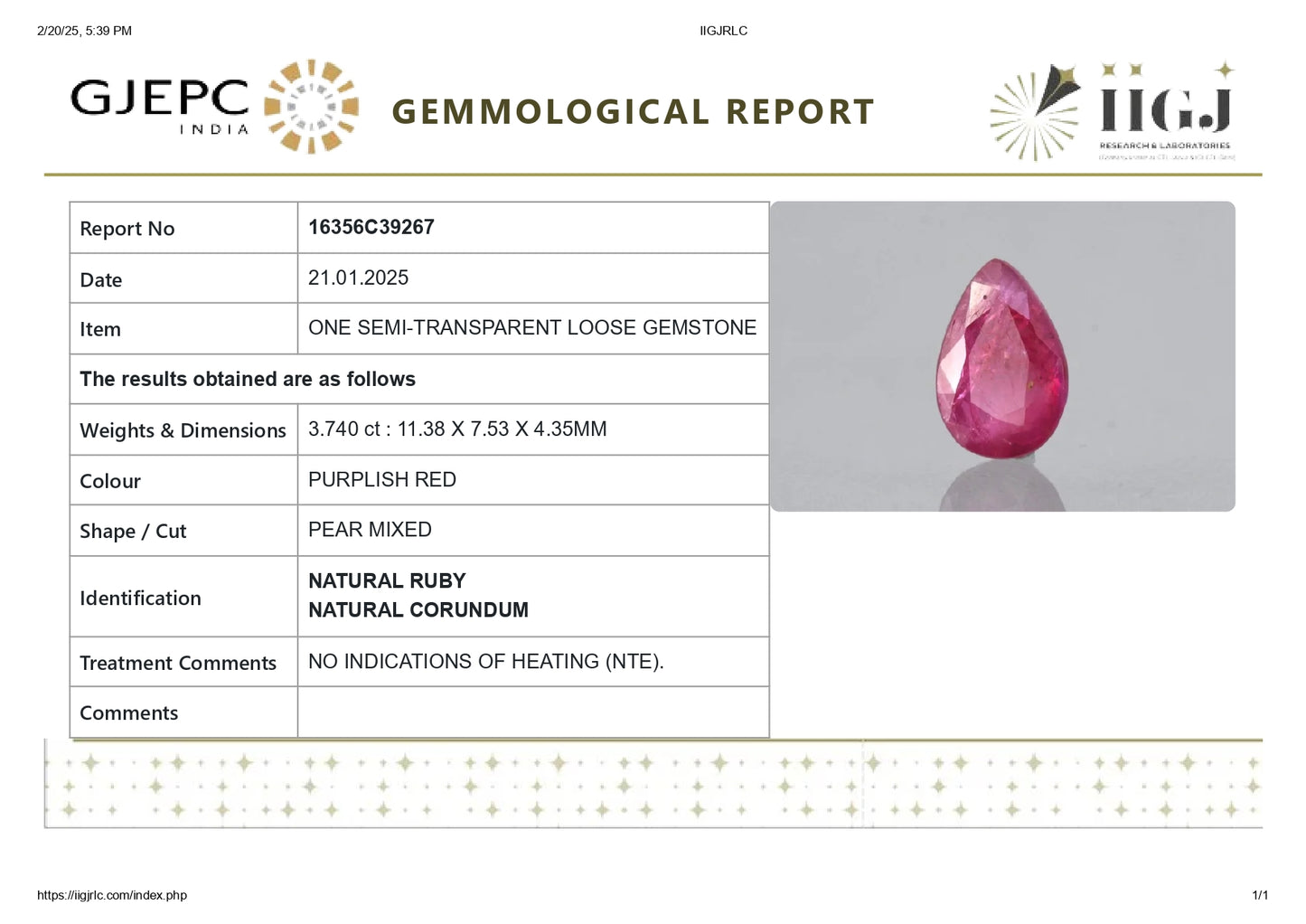 Burmese Ruby (Manik) 3.74 Carats