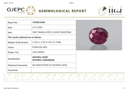 Natural Madagascar Ruby (Manik) 3.10 Carats