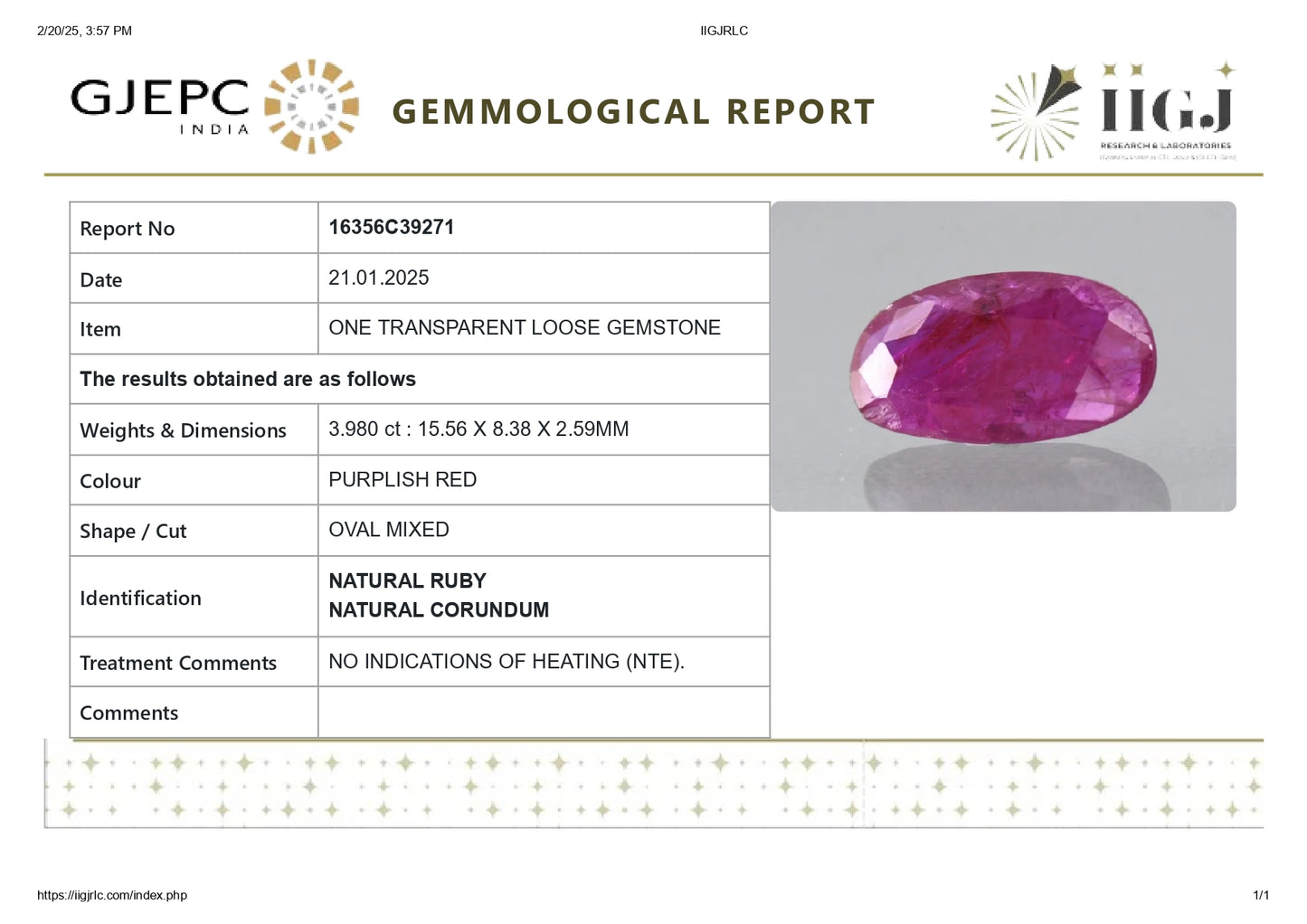 Burmese Ruby (Manik) 3.98 Carats