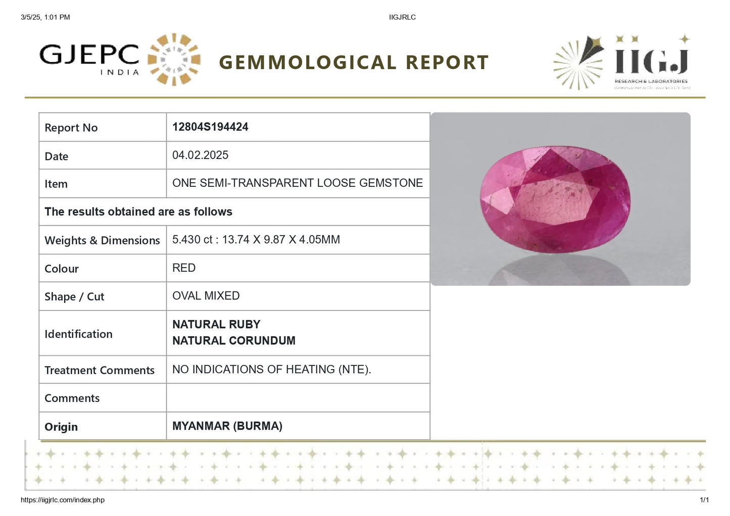 Burmese Ruby (Manik) 5.43 Carats