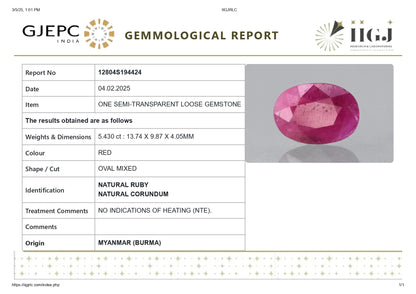 Burmese Ruby (Manik) 5.43 Carats