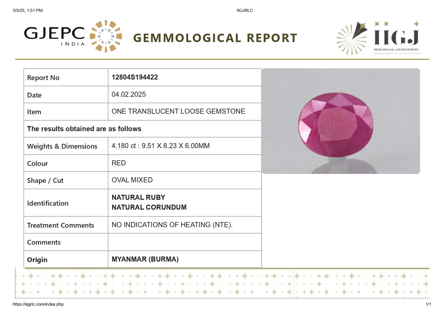 Burmese Ruby (Manik)  4.18 Carats