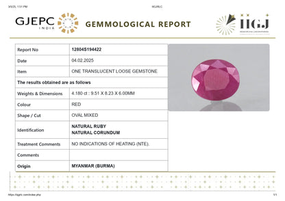 Burmese Ruby (Manik)  4.18 Carats