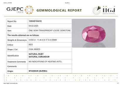 Burmese Ruby (Manik) 5.83 Carats