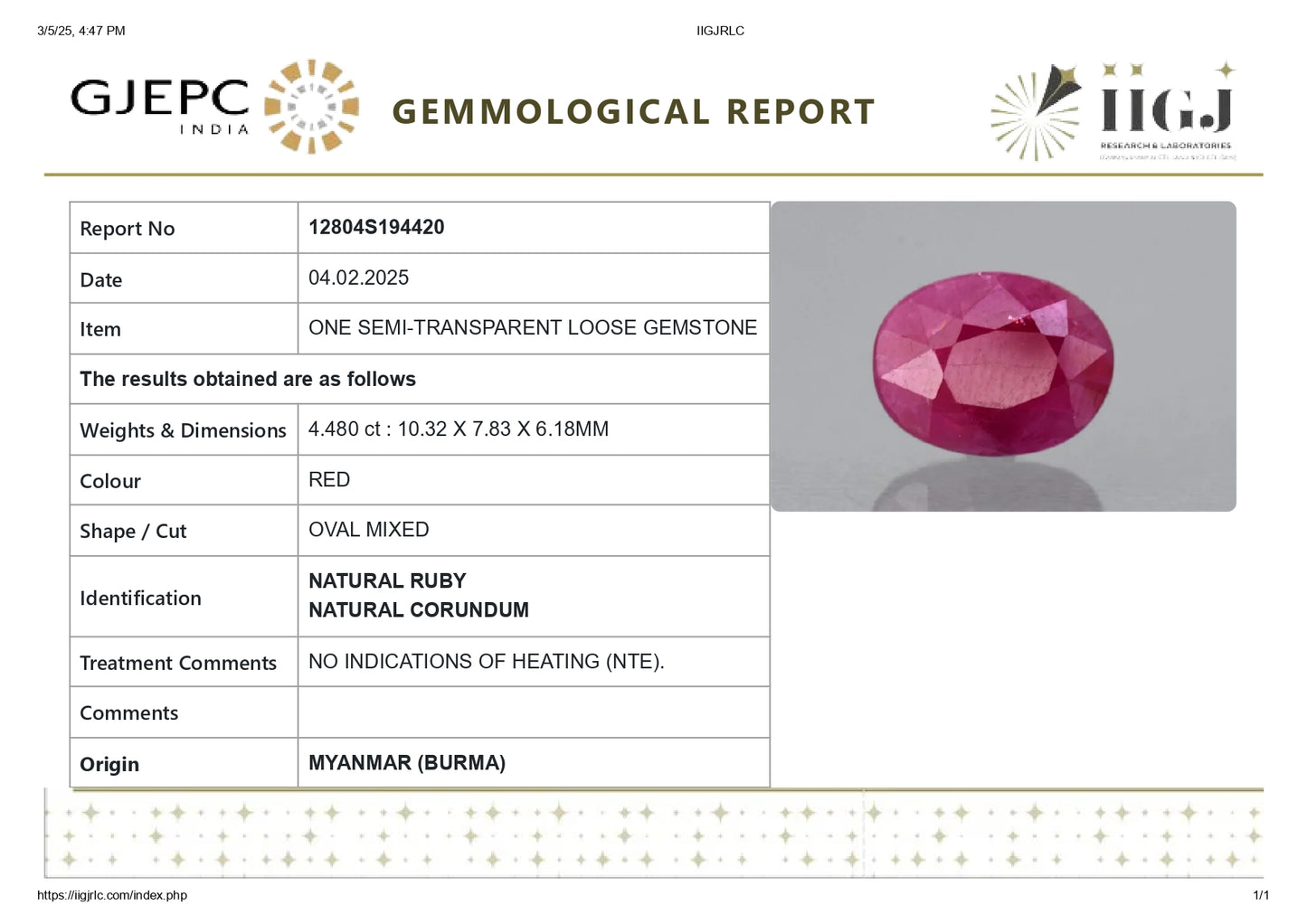 Burmese Ruby (Manik) 4.48 Carats