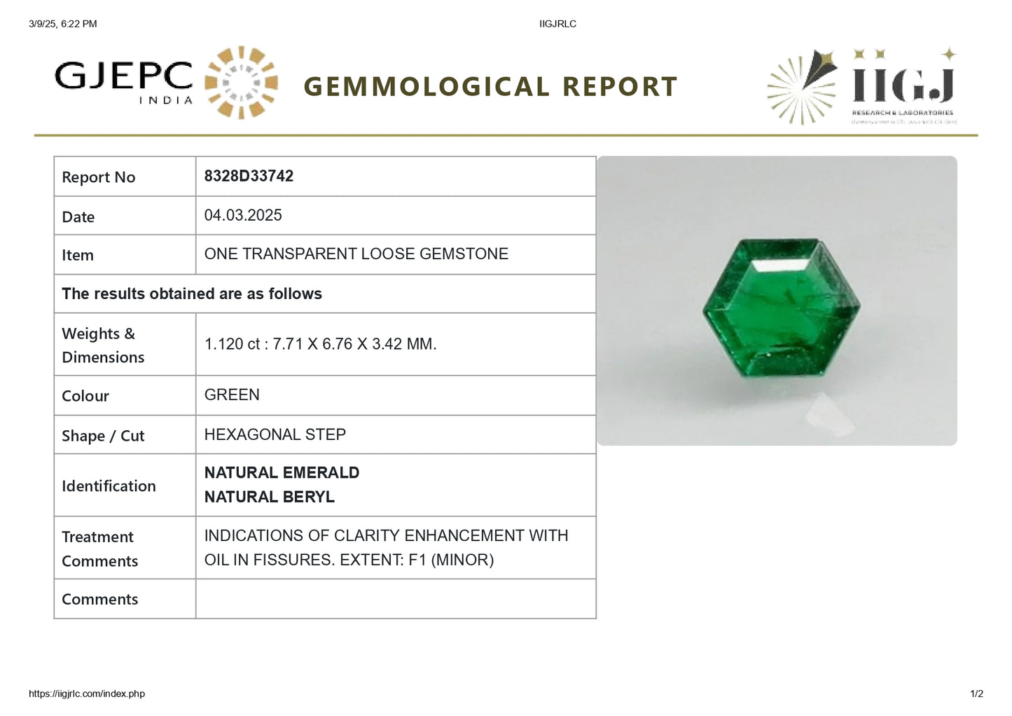 Natural Zambian Emerald (Panna) 1.12 Carats