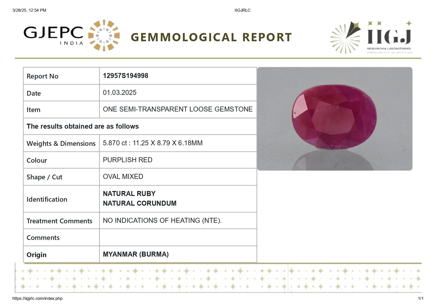 Burmese Ruby (Manik) 5.87 Carats