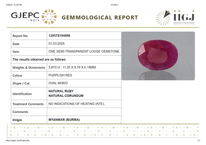 Burmese Ruby (Manik) 5.87 Carats