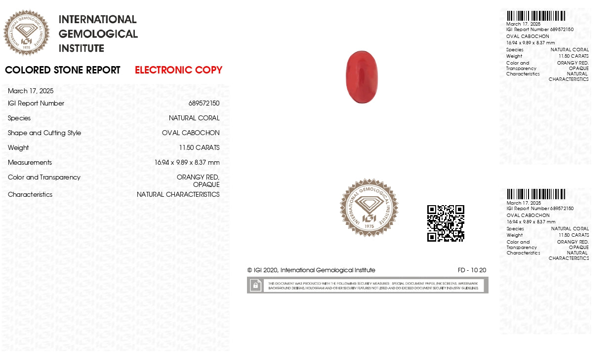 Natural Italian Red Coral (Moonga) 11.50 Carats