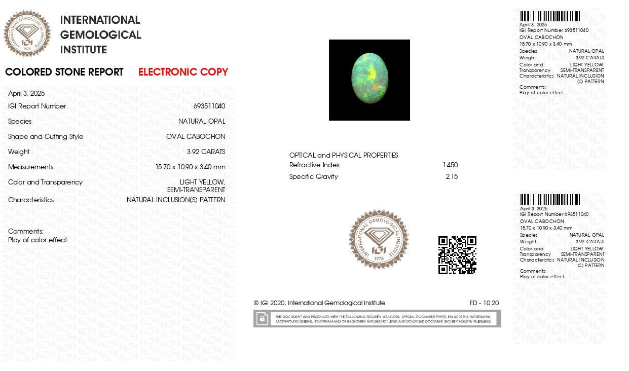 Natural Australian White Fire Opal 3.92 Carats