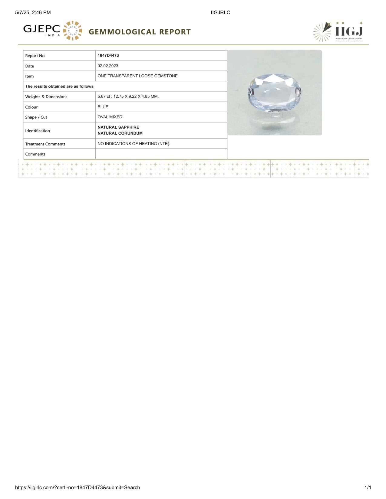 Natural Blue Sapphire (Neelam) 5.67 Carats