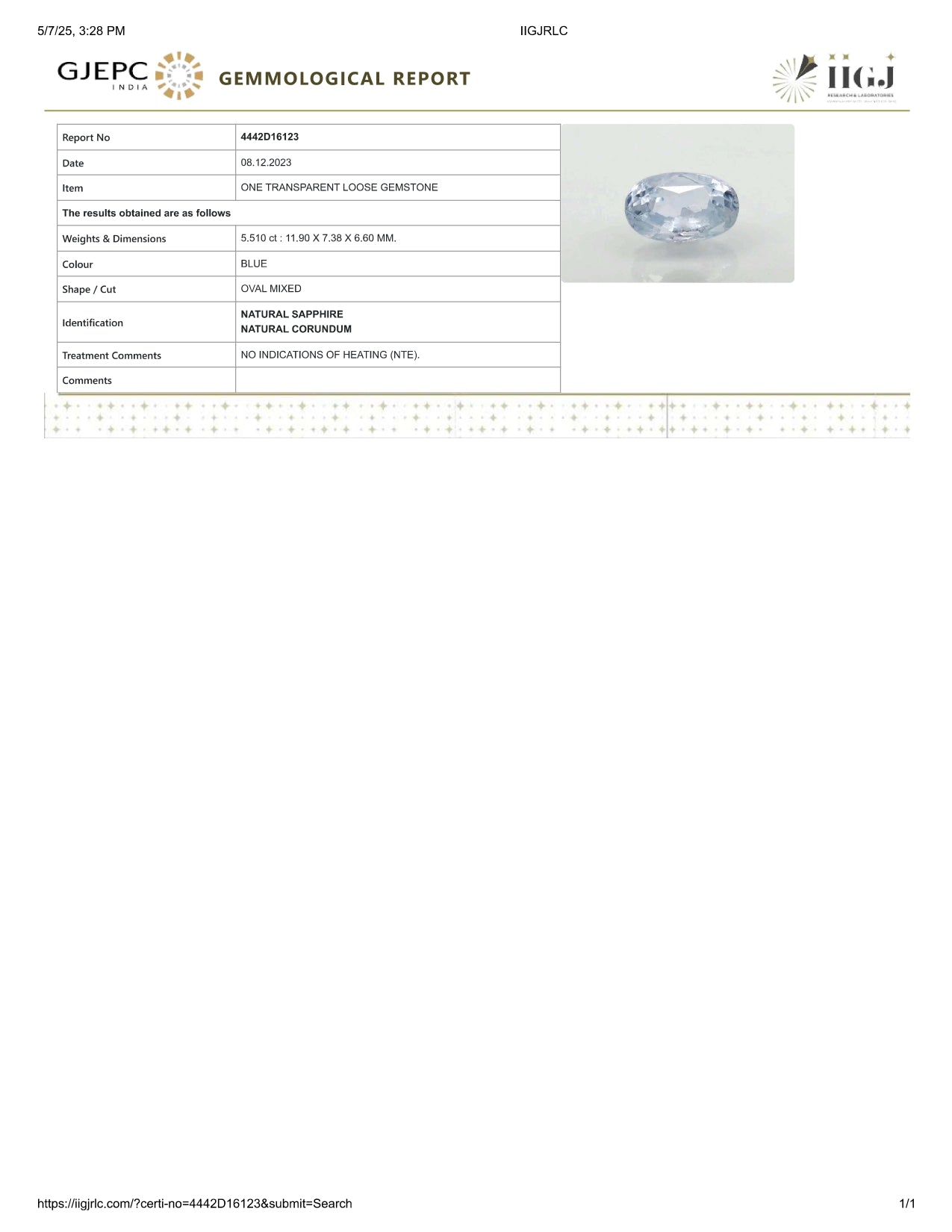 Natural Blue Sapphire (Neelam) 5.51 Carats