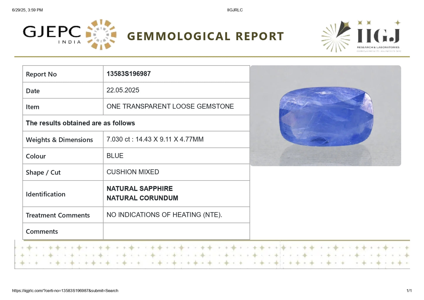 Natural Blue Sapphire (Neelam) 7.03 Carats