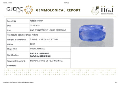 Natural Blue Sapphire (Neelam) 7.03 Carats