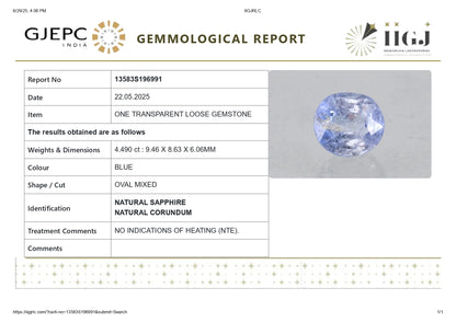 Natural Blue Sapphire (Neelam) 4.49 Carats