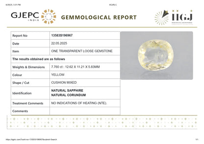 Natural Yellow Sapphire (Pukhraj) 7.76 Carats