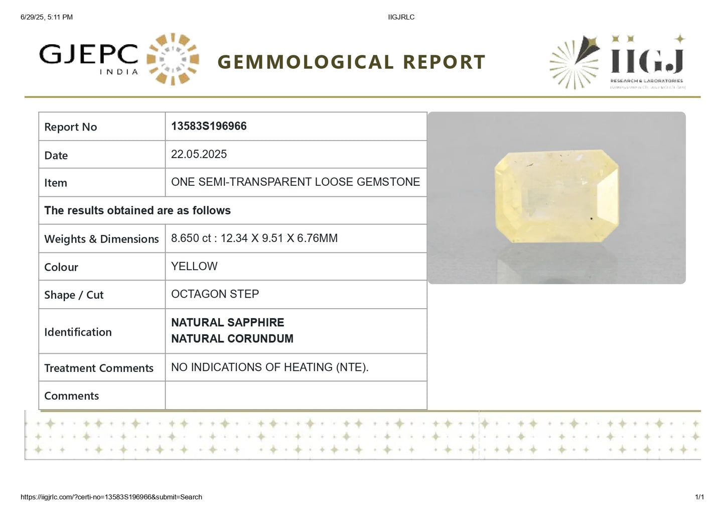 Natural Yellow Sapphire (Pukhraj) 8.65 Carats