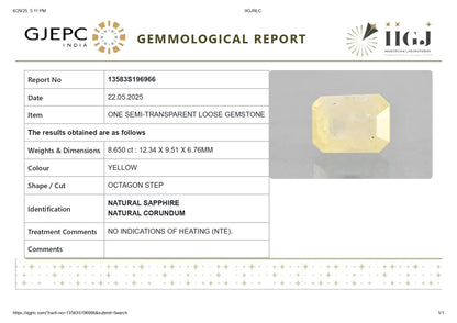 Natural Yellow Sapphire (Pukhraj) 8.65 Carats